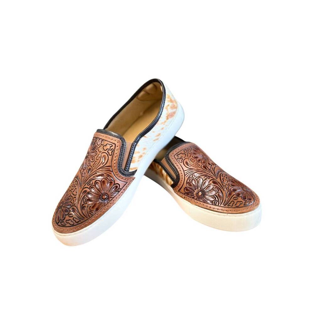 NEW MYRA BAGS women's hand tooled sneaker in brown